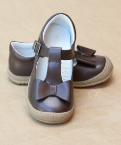 L'Amour Girls Brown Leather T-Strap Bow Mary Jane