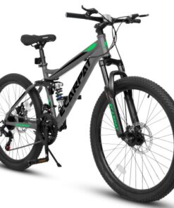 POWANLI 27.5Inch Mountain Bike Dual Full Suspension, Carbon Steel Frame Mountain Bike for Mens Womens, Go to School/Work with 21-Speed Disc Trail Commuter City Beach Snow Bicycles, Gift(Black+Green)